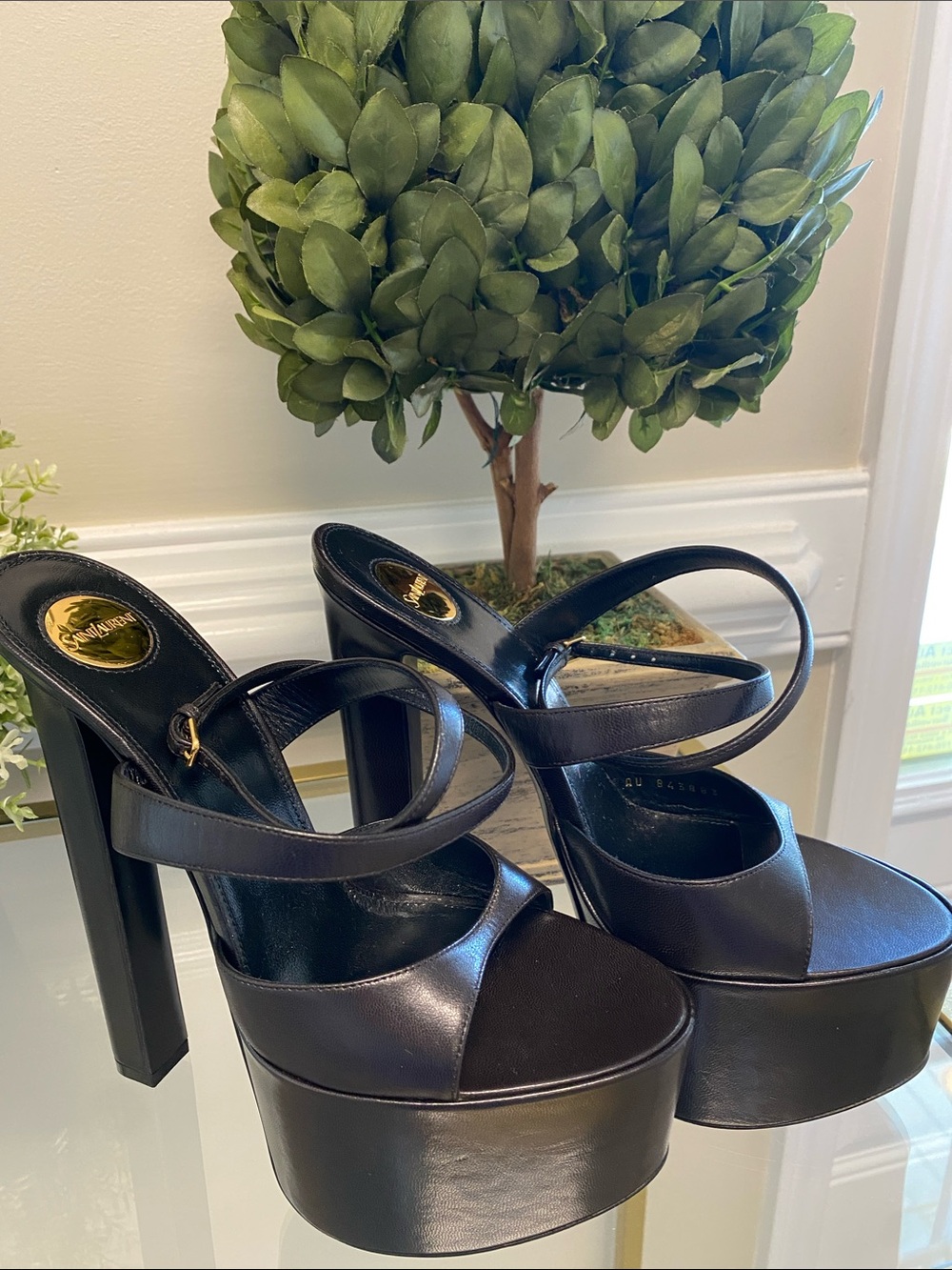 Saint Laurent Black Leather Platform Sandals with Straps
